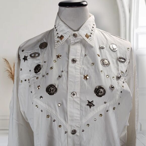 Vintage 80s Studded Western Top Size M Buffalo Head Coins Snap Front Blouse - Picture 6 of 16